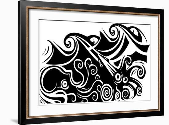 Woodcut Style Octopus and Squid beneath the Waves.-Jef Thompson-Framed Art Print