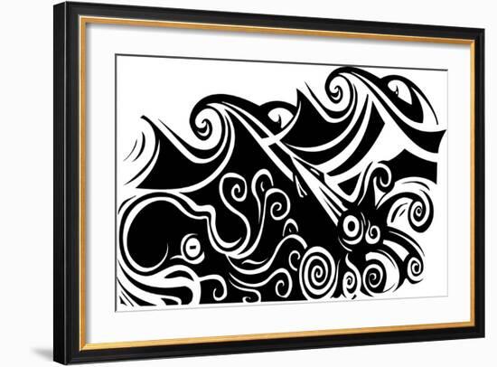 Woodcut Style Octopus and Squid beneath the Waves.-Jef Thompson-Framed Art Print