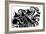 Woodcut Style Octopus and Squid beneath the Waves.-Jef Thompson-Framed Art Print