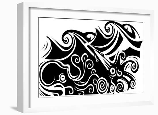 Woodcut Style Octopus and Squid beneath the Waves.-Jef Thompson-Framed Art Print