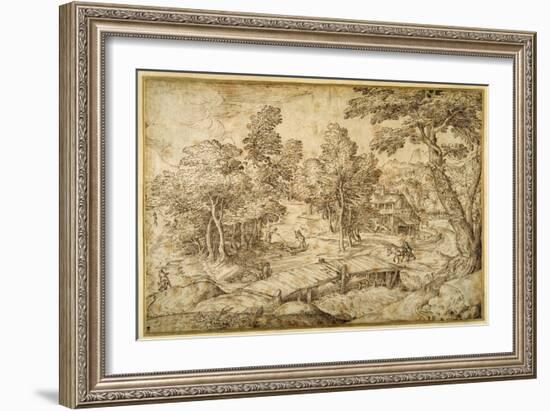 Wooded Landscape with a Farmstead and a Wooden Bridge over a Sluice-Domenico Campagnola-Framed Giclee Print