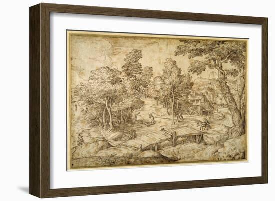 Wooded Landscape with a Farmstead and a Wooden Bridge over a Sluice-Domenico Campagnola-Framed Giclee Print