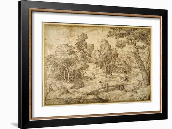 Wooded Landscape with a Farmstead and a Wooden Bridge over a Sluice-Domenico Campagnola-Framed Giclee Print