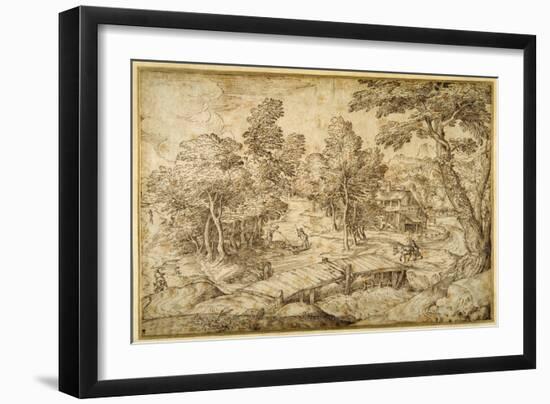 Wooded Landscape with a Farmstead and a Wooden Bridge over a Sluice-Domenico Campagnola-Framed Giclee Print