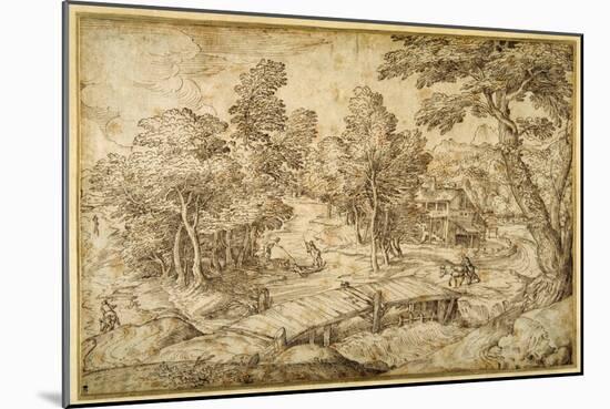 Wooded Landscape with a Farmstead and a Wooden Bridge over a Sluice-Domenico Campagnola-Mounted Giclee Print