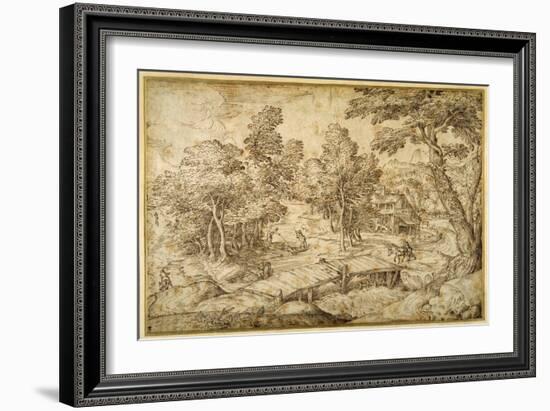 Wooded Landscape with a Farmstead and a Wooden Bridge over a Sluice-Domenico Campagnola-Framed Giclee Print