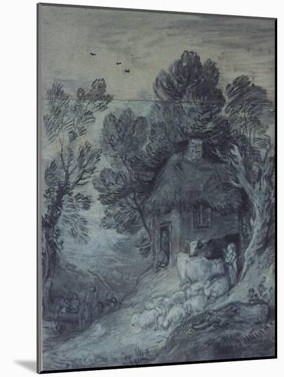 Wooded Landscape with Cottage, Peasant, Cows and Sheep, and Cart Travelling Down a Slope, 1777-78-Thomas Gainsborough-Mounted Giclee Print