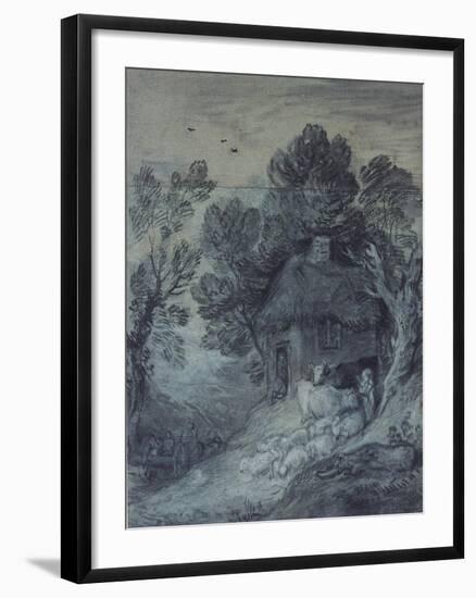 Wooded Landscape with Cottage, Peasant, Cows and Sheep, and Cart Travelling Down a Slope, 1777-78-Thomas Gainsborough-Framed Giclee Print