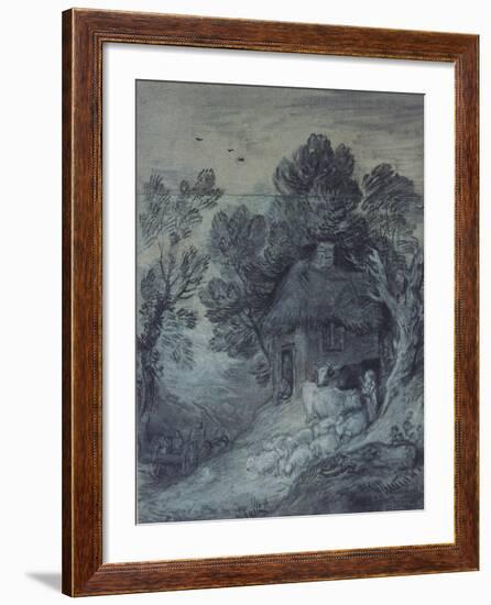 Wooded Landscape with Cottage, Peasant, Cows and Sheep, and Cart Travelling Down a Slope, 1777-78-Thomas Gainsborough-Framed Giclee Print