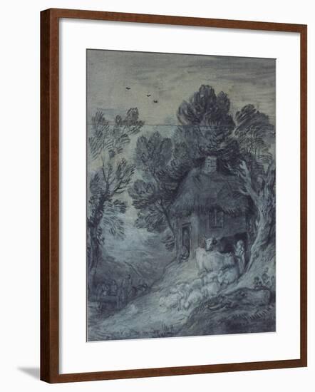 Wooded Landscape with Cottage, Peasant, Cows and Sheep, and Cart Travelling Down a Slope, 1777-78-Thomas Gainsborough-Framed Giclee Print