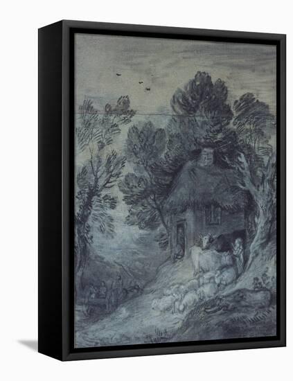 Wooded Landscape with Cottage, Peasant, Cows and Sheep, and Cart Travelling Down a Slope, 1777-78-Thomas Gainsborough-Framed Premier Image Canvas