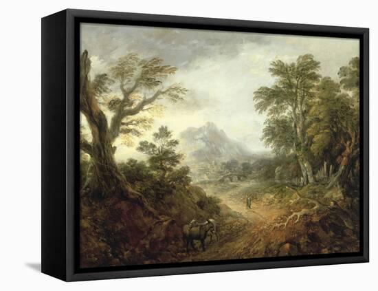 Wooded Landscape with Figures, Bridge, Donkeys, Distant Buildings and Mountain-Thomas Gainsborough-Framed Premier Image Canvas