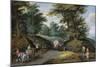 Wooded Landscape With Horses Carts And To The Market Attracting Farmers Wood Print-Pieter Brueghel the Younger-Mounted Premium Giclee Print