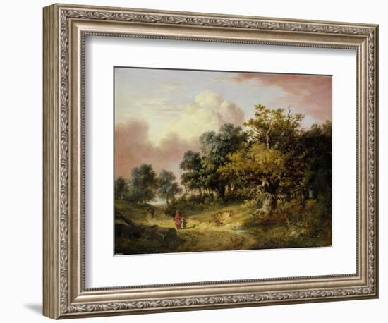 Wooded Landscape with Woman and Child Walking Down a Road (Oil on Panel)-Robert Ladbrooke-Framed Giclee Print