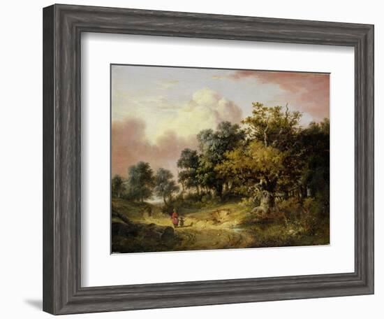 Wooded Landscape with Woman and Child Walking Down a Road (Oil on Panel)-Robert Ladbrooke-Framed Giclee Print