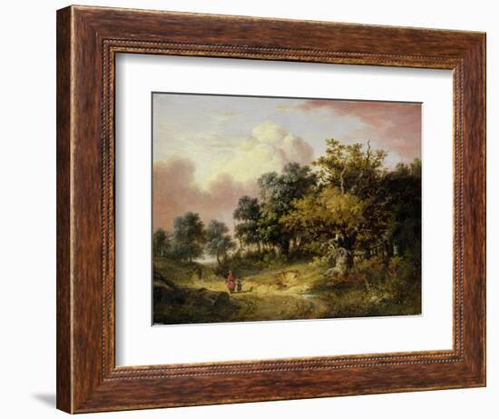 Wooded Landscape with Woman and Child Walking Down a Road (Oil on Panel)-Robert Ladbrooke-Framed Giclee Print