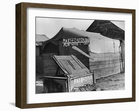 Wooden and Tin Shack with Canvas Roof Housing, Mary Ely Restaurant, Bar B Q Today, in Oil Boomtown-Carl Mydans-Framed Photographic Print