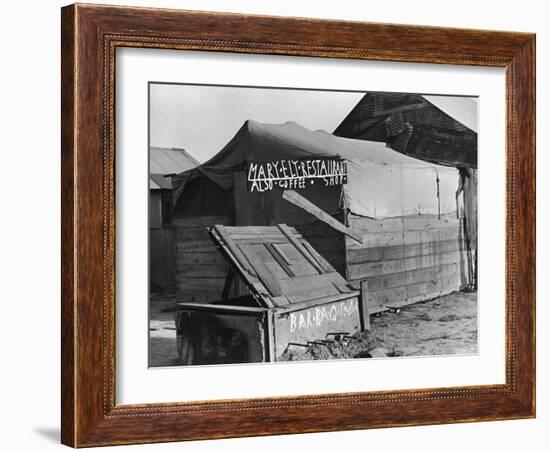 Wooden and Tin Shack with Canvas Roof Housing, Mary Ely Restaurant, Bar B Q Today, in Oil Boomtown-Carl Mydans-Framed Photographic Print