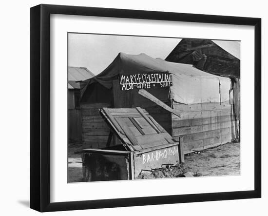 Wooden and Tin Shack with Canvas Roof Housing, Mary Ely Restaurant, Bar B Q Today, in Oil Boomtown-Carl Mydans-Framed Photographic Print