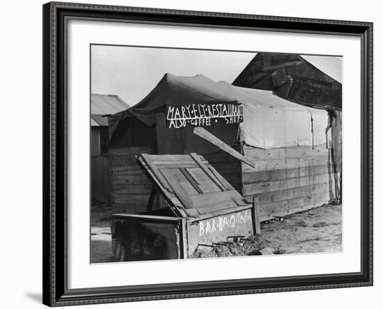 Wooden and Tin Shack with Canvas Roof Housing, Mary Ely Restaurant, Bar B Q Today, in Oil Boomtown-Carl Mydans-Framed Photographic Print