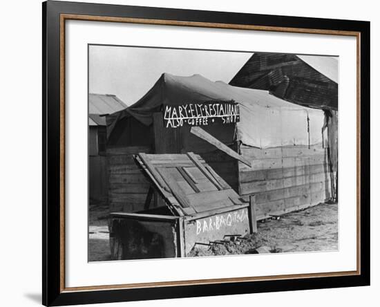 Wooden and Tin Shack with Canvas Roof Housing, Mary Ely Restaurant, Bar B Q Today, in Oil Boomtown-Carl Mydans-Framed Photographic Print