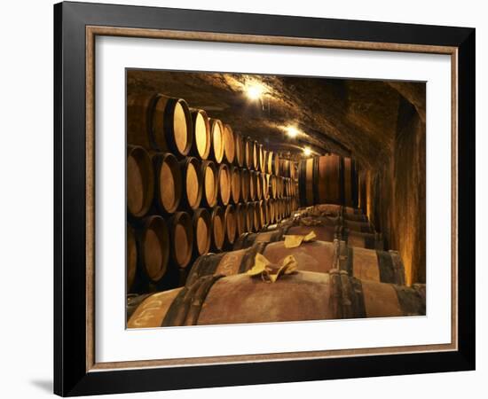 Wooden Barrels with Aging Wine in Cellar, Domaine E Guigal, Ampuis, Cote Rotie, Rhone, France-Per Karlsson-Framed Photographic Print