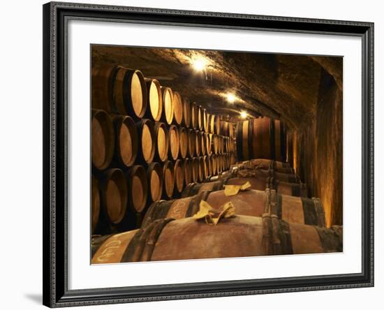 Wooden Barrels with Aging Wine in Cellar, Domaine E Guigal, Ampuis, Cote Rotie, Rhone, France-Per Karlsson-Framed Photographic Print