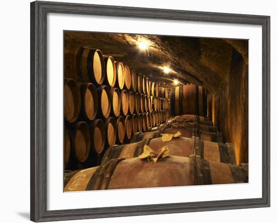 Wooden Barrels with Aging Wine in Cellar, Domaine E Guigal, Ampuis, Cote Rotie, Rhone, France-Per Karlsson-Framed Photographic Print