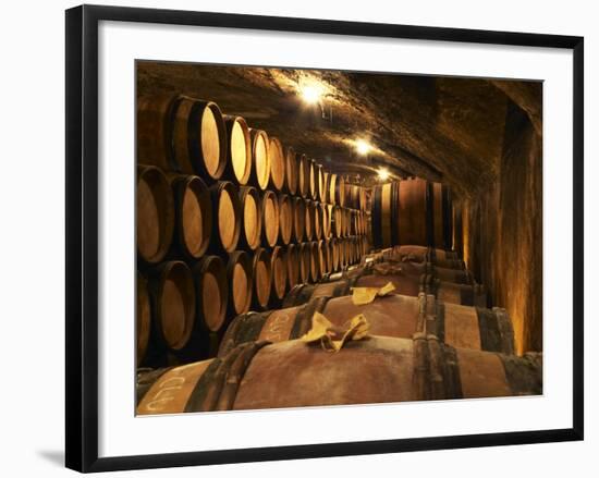 Wooden Barrels with Aging Wine in Cellar, Domaine E Guigal, Ampuis, Cote Rotie, Rhone, France-Per Karlsson-Framed Photographic Print