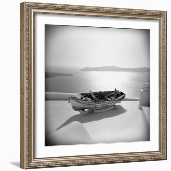 Wooden Boat on Roof Garden, Firostephani, Santorini, Cyclades, Greek Islands, Greece-Lee Frost-Framed Photographic Print