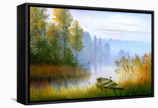 Wooden Boat On The Bank Of Lake On A Decline-balaikin2009-Framed Stretched Canvas