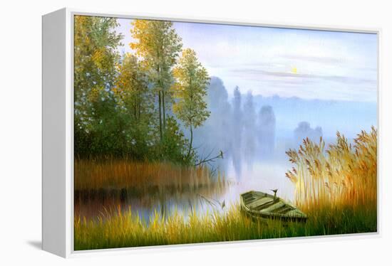 Wooden Boat On The Bank Of Lake On A Decline-balaikin2009-Framed Stretched Canvas