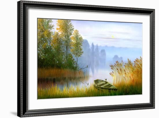 Wooden Boat On The Bank Of Lake On A Decline-balaikin2009-Framed Art Print