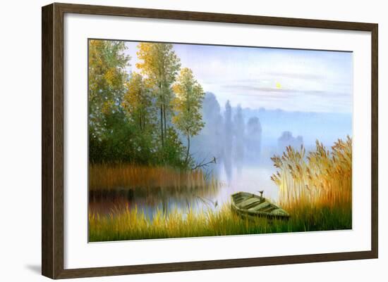 Wooden Boat On The Bank Of Lake On A Decline-balaikin2009-Framed Art Print