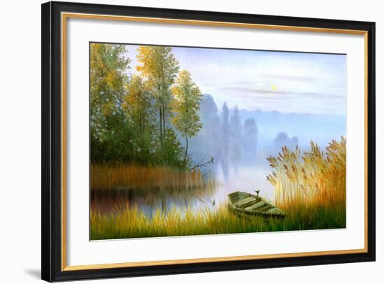 Wooden Boat On The Bank Of Lake On A Decline-balaikin2009-Framed Art Print