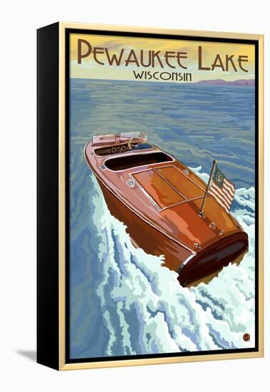 Wooden Boat - Pewaukee Lake, Wisconsin-Lantern Press-Framed Stretched Canvas