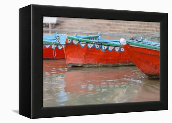 Wooden Boats in Ganges River, Varanasi, India-Ali Kabas-Framed Premier Image Canvas