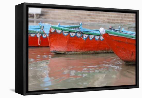 Wooden Boats in Ganges River, Varanasi, India-Ali Kabas-Framed Premier Image Canvas