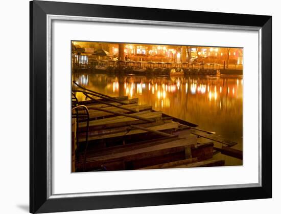 Wooden Boats on Houhai Lake with Lights of Bars and Restaurants in Background, Beijing, China-William Perry-Framed Photographic Print