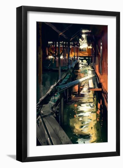 Wooden Bridge across Canals in Fishing Village,Digital Painting,Illustration-Tithi Luadthong-Framed Art Print