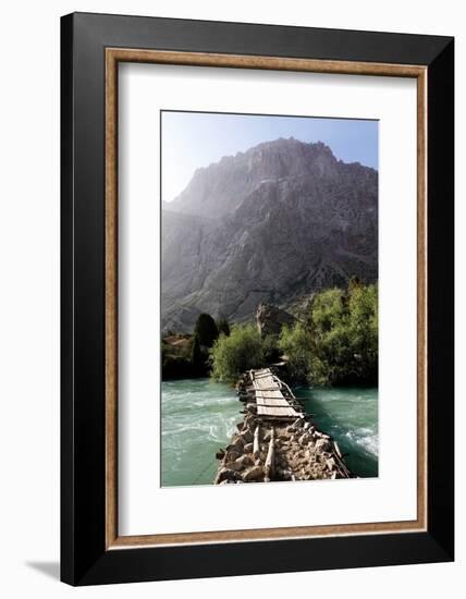 Wooden bridge over a river in the remote and spectacular Fann Mountains, Tajikistan-David Pickford-Framed Photographic Print