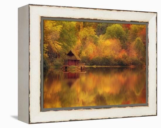 Wooden Cabin on Lake in Autumn-Robert Llewellyn-Framed Premier Image Canvas