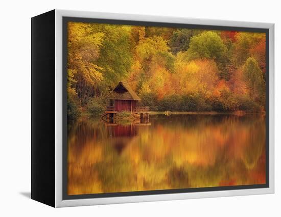 Wooden Cabin on Lake in Autumn-Robert Llewellyn-Framed Premier Image Canvas