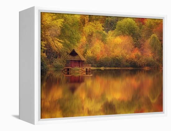 Wooden Cabin on Lake in Autumn-Robert Llewellyn-Framed Premier Image Canvas