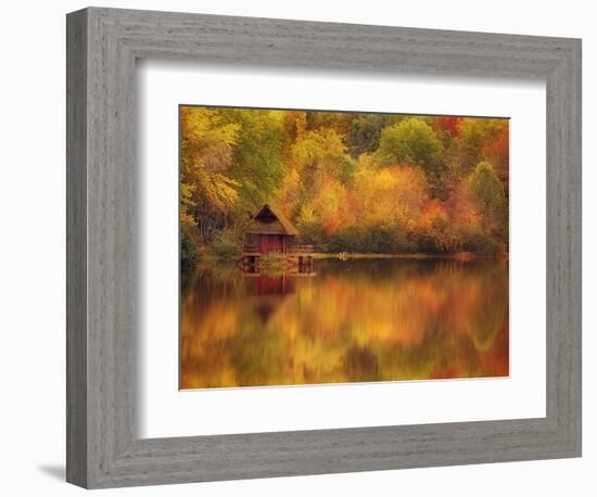 Wooden Cabin on Lake in Autumn-Robert Llewellyn-Framed Photographic Print