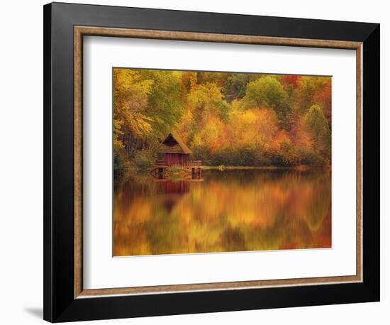 Wooden Cabin on Lake in Autumn-Robert Llewellyn-Framed Photographic Print