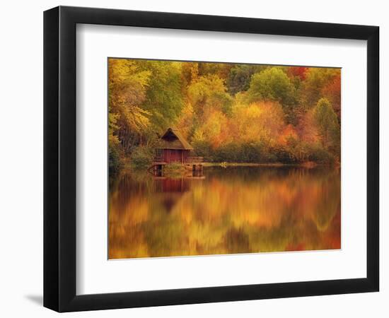 Wooden Cabin on Lake in Autumn-Robert Llewellyn-Framed Photographic Print