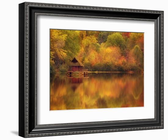 Wooden Cabin on Lake in Autumn-Robert Llewellyn-Framed Photographic Print