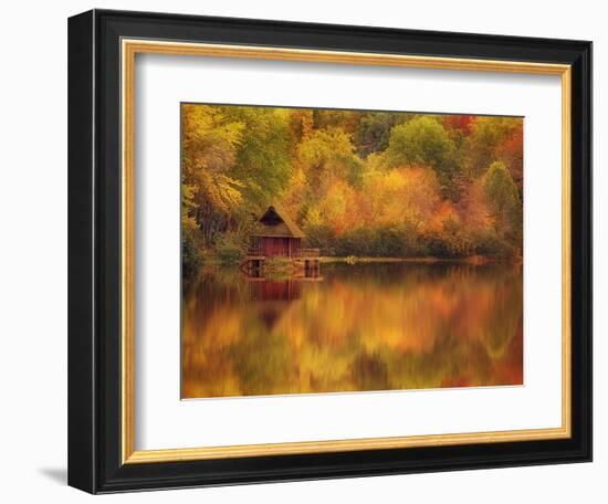 Wooden Cabin on Lake in Autumn-Robert Llewellyn-Framed Photographic Print