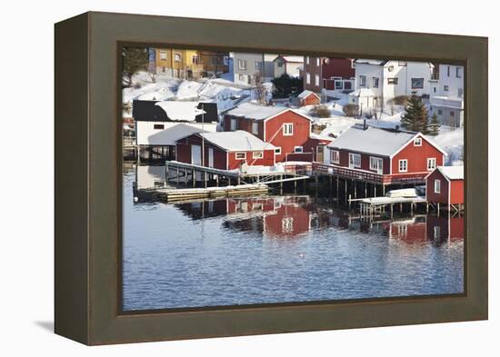 Wooden Cabins at the Waters Edge in the Town of Raine in the Lofoten Islands, Arctic, Norway-David Clapp-Framed Premier Image Canvas